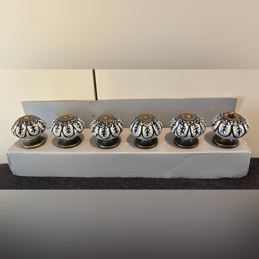 Ceramic Cabinet Drawer Knobs/Pulls White/Dark Blue & Brass
